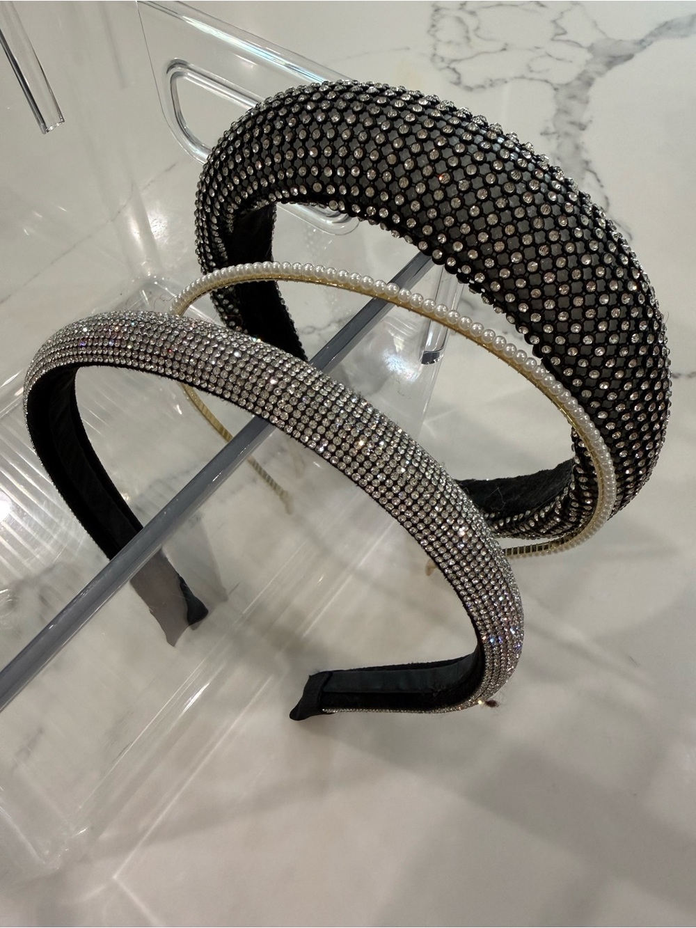 3 Embellished Headband - Black, Pearl Crystal Silver
